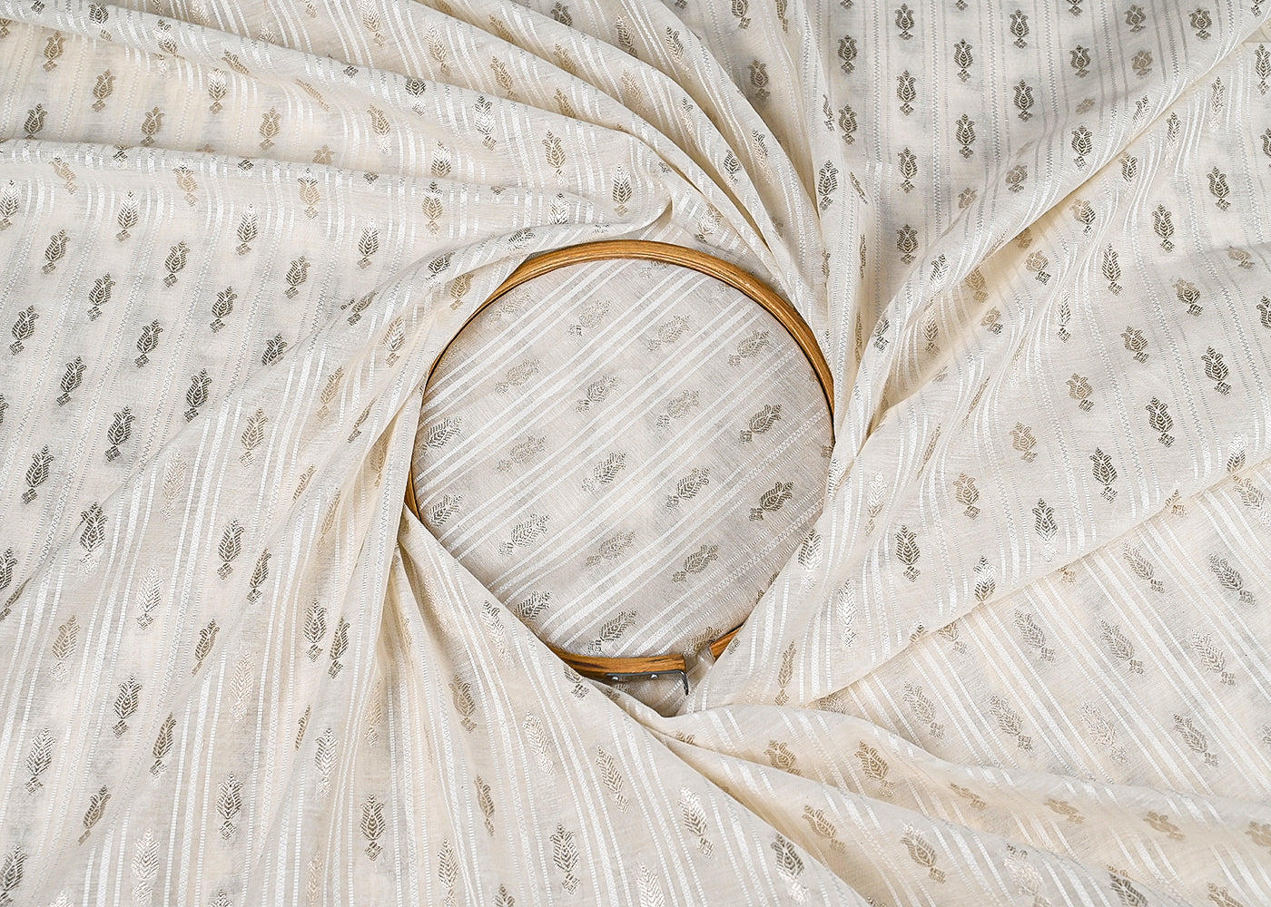 White Dyeable Chanderi Fabric With All Over Dull Gold Zari Handloom 22846