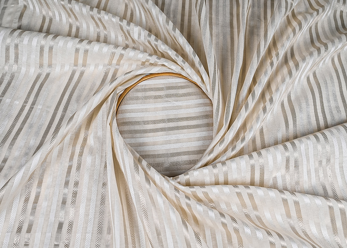 White Dyeable Chanderi Fabric With All Over Dull Gold Zari Handloom 22847