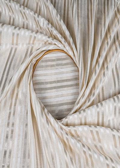 White Dyeable Chanderi Fabric With All Over Dull Gold Zari Handloom 22847