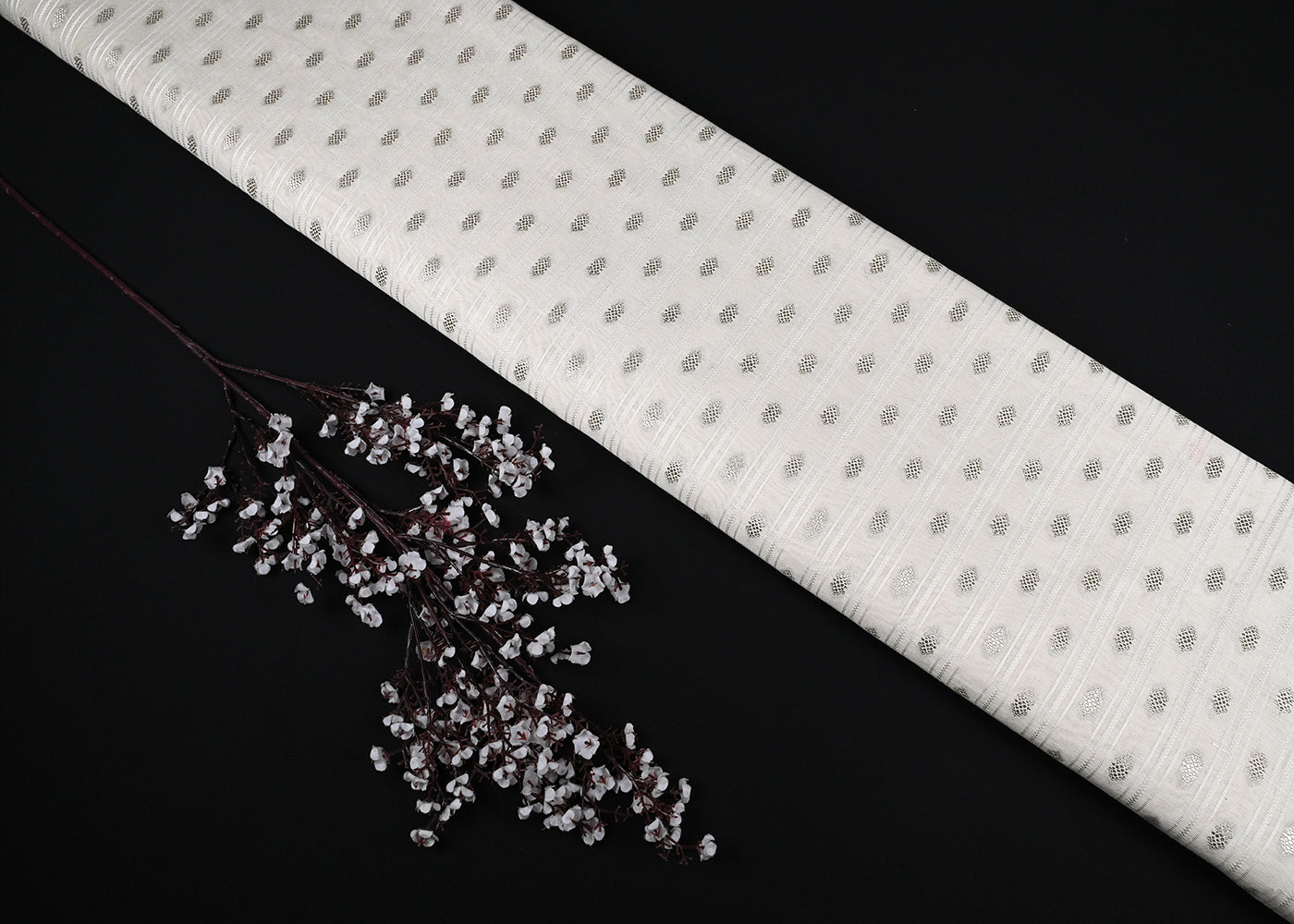 White Dyeable Chanderi Fabric With All Over Dull Gold Zari Handloom 22848