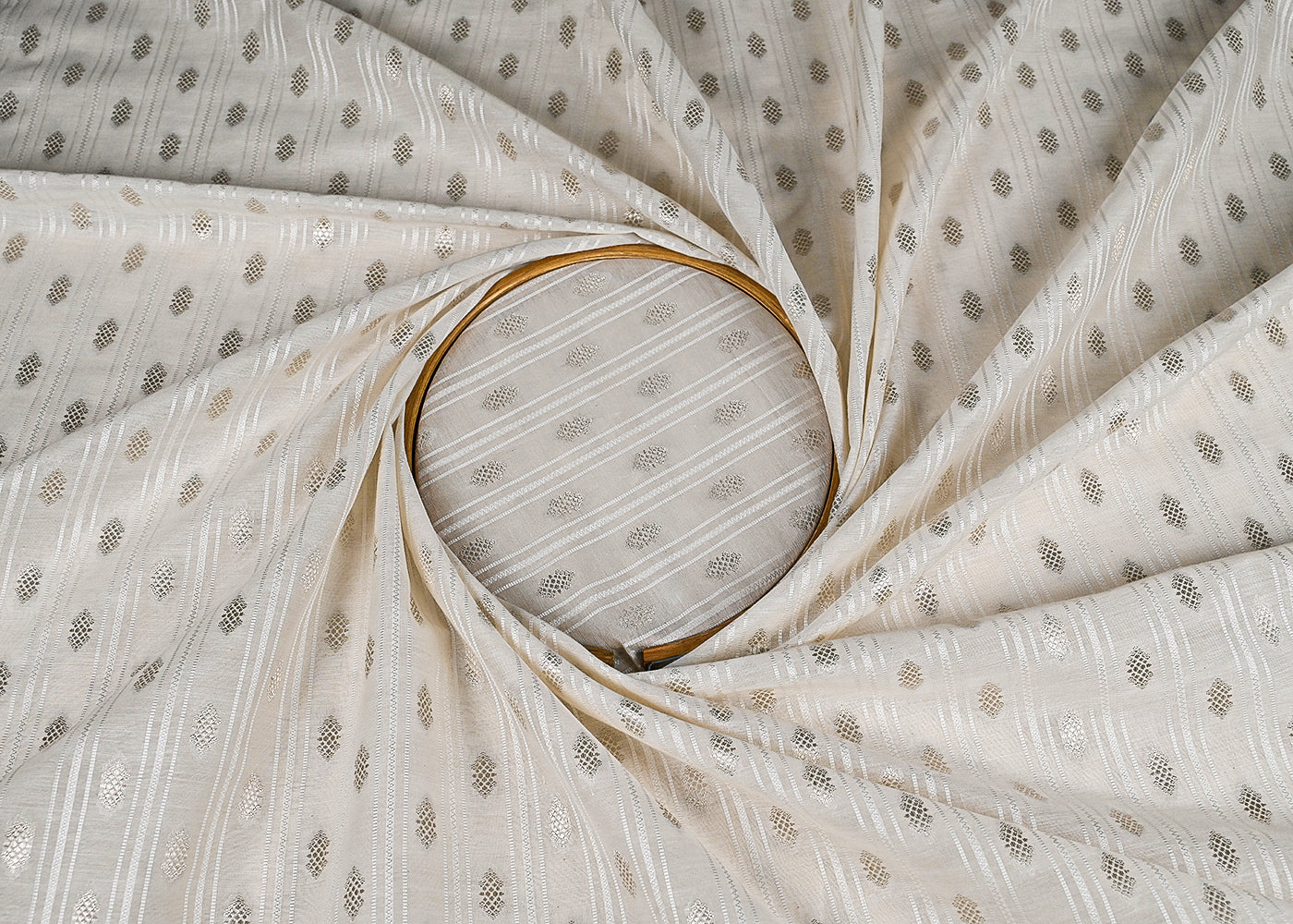 White Dyeable Chanderi Fabric With All Over Dull Gold Zari Handloom 22848