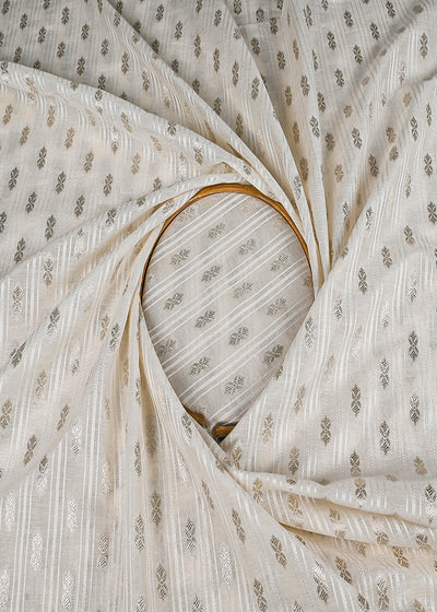 White Dyeable Chanderi Fabric With All Over Dull Gold Zari Handloom 22849