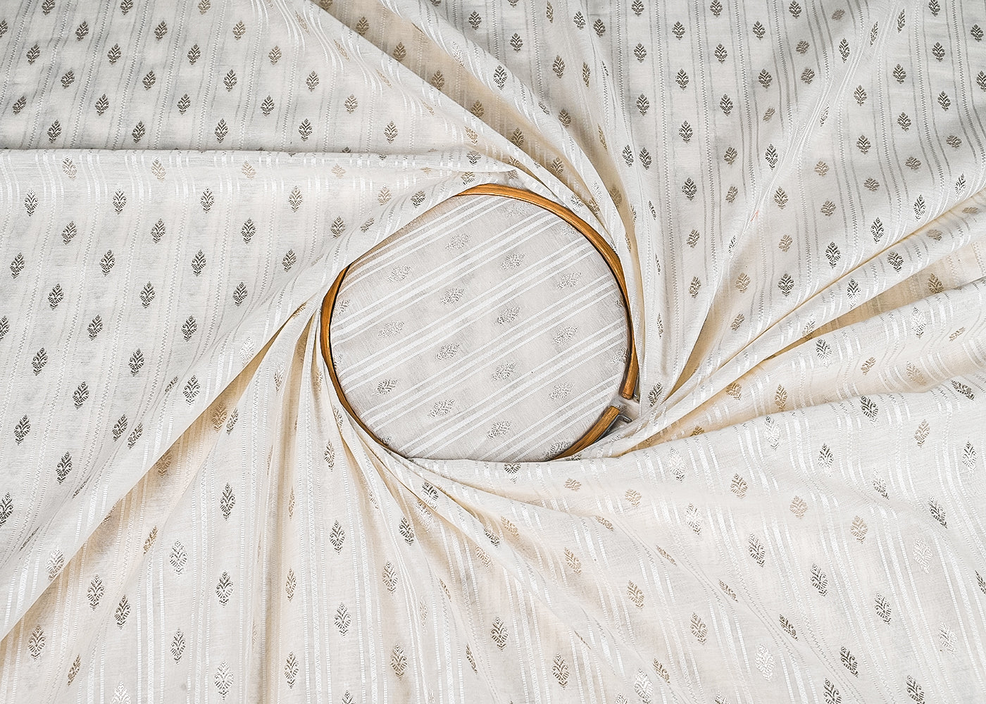 White Dyeable Chanderi Fabric With All Over Dull Gold Zari Handloom 22850