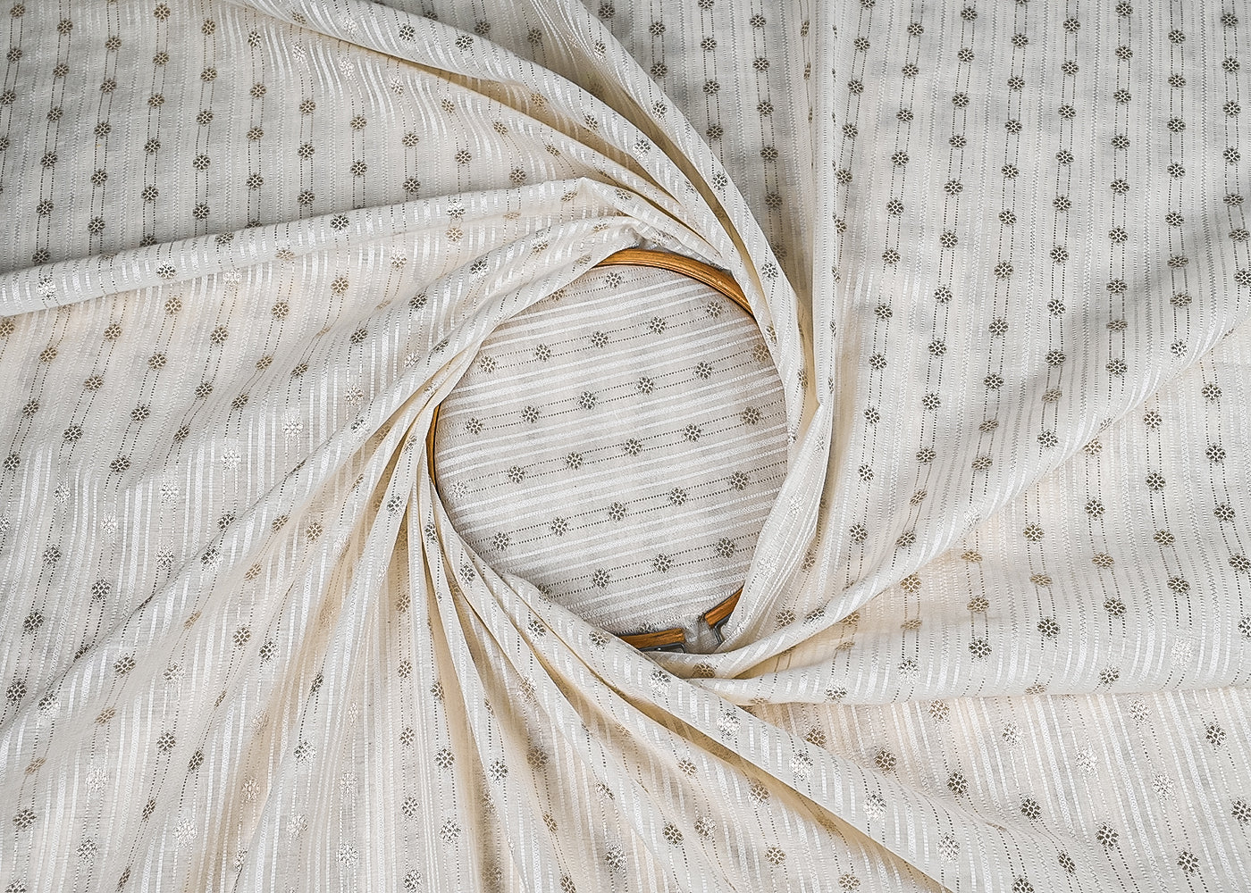White Dyeable Chanderi Fabric With All Over Dull Gold Zari Handloom 22851