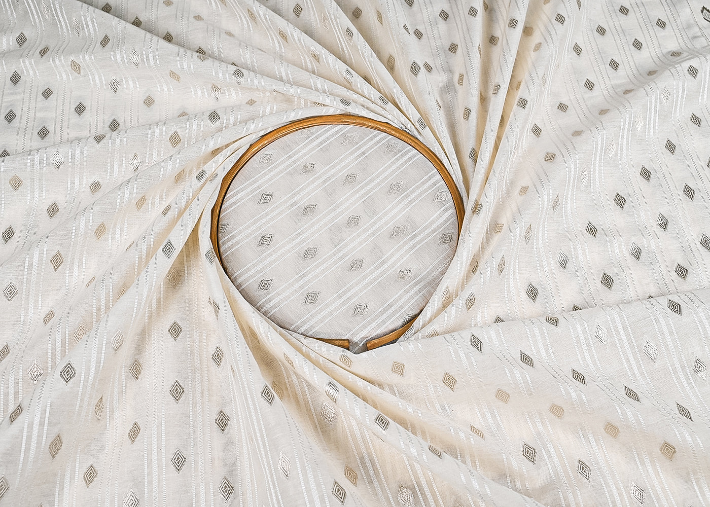 White Dyeable Chanderi Fabric With All Over Dull Gold Zari Handloom 22852
