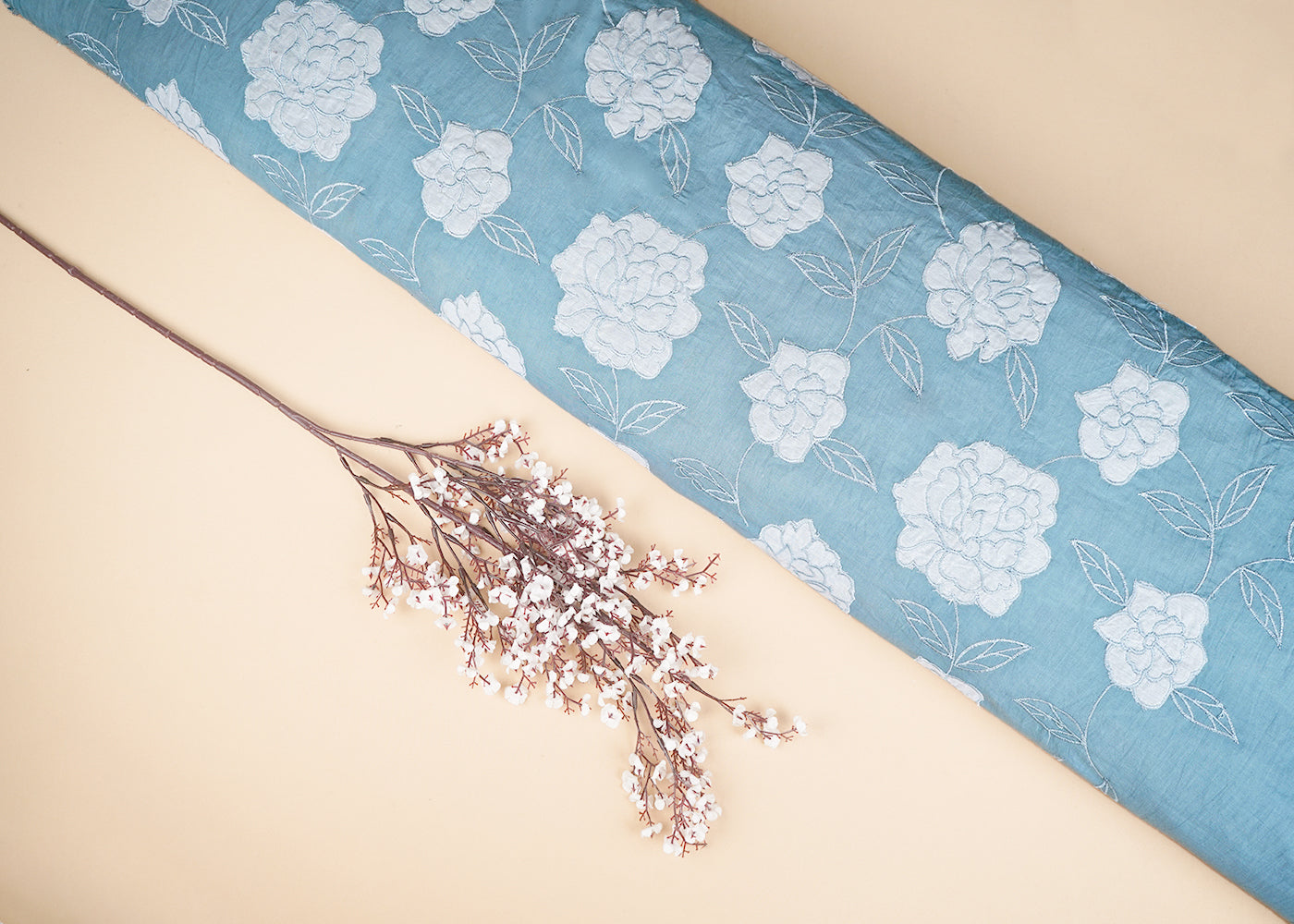 Blue Cotton Fabric With All Over Thread And Patch Work 22862