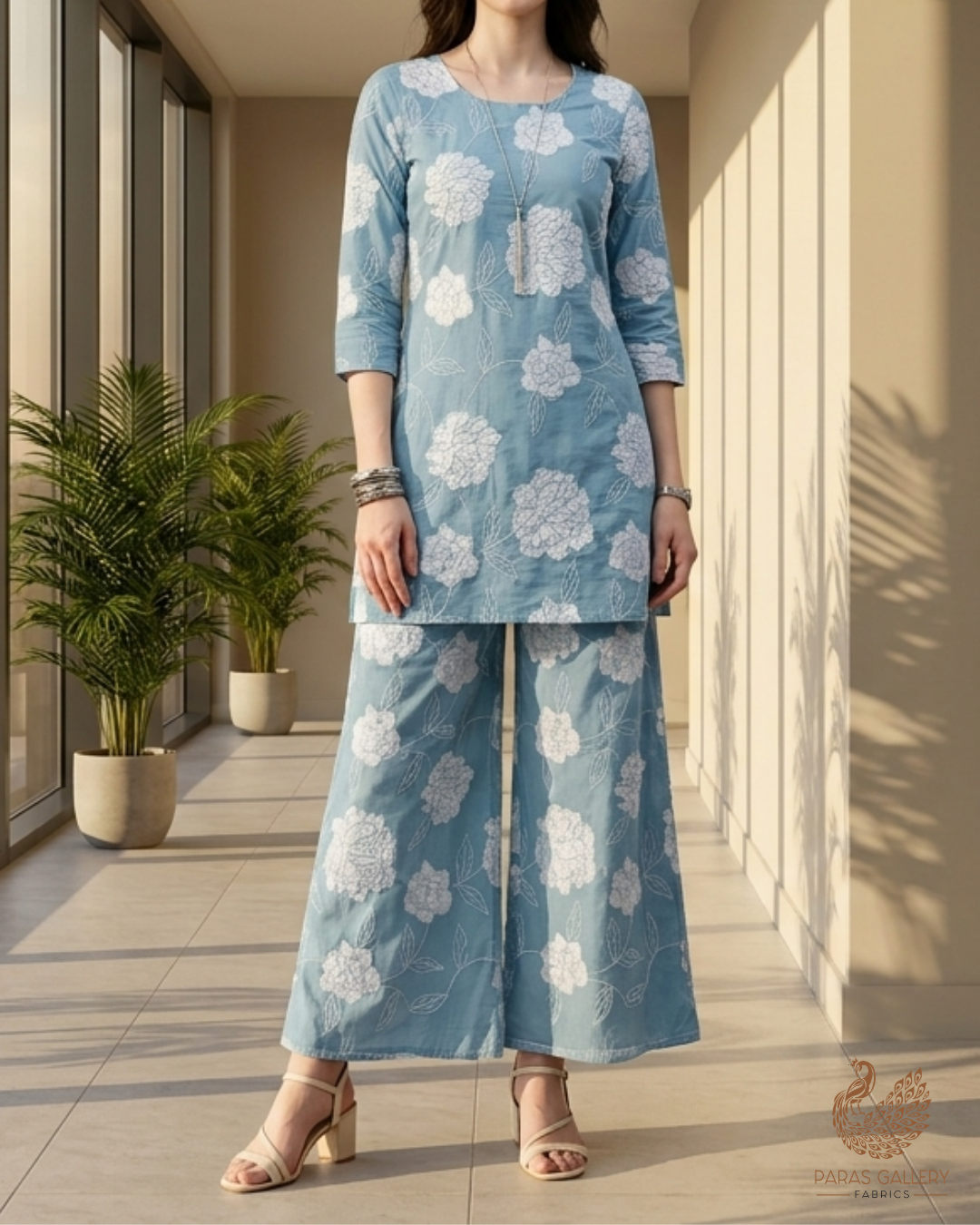 Blue Cotton Fabric With All Over Thread And Patch Work 22862