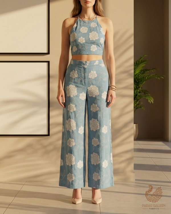 Blue Cotton Fabric With All Over Thread And Patch Work 22862