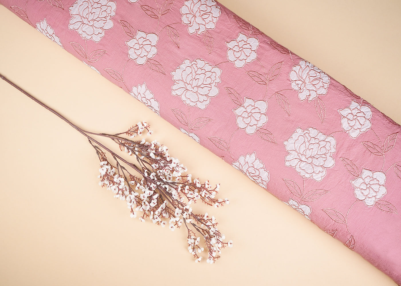 Pink Cotton Fabric With All Over Thread And Patch Work 22863