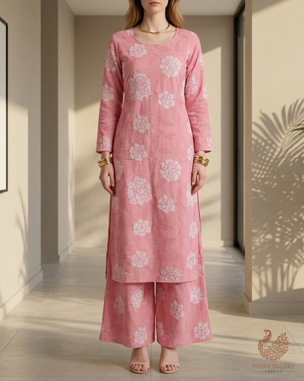 Pink Cotton Fabric With All Over Thread And Patch Work 22863
