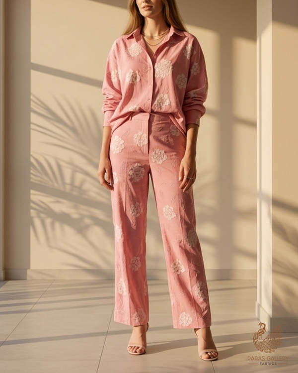 Pink Cotton Fabric With All Over Thread And Patch Work 22863