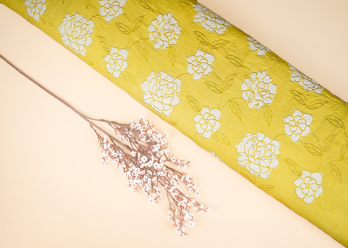 Mustard Cotton Fabric With All Over Thread And Patch Work 22864
