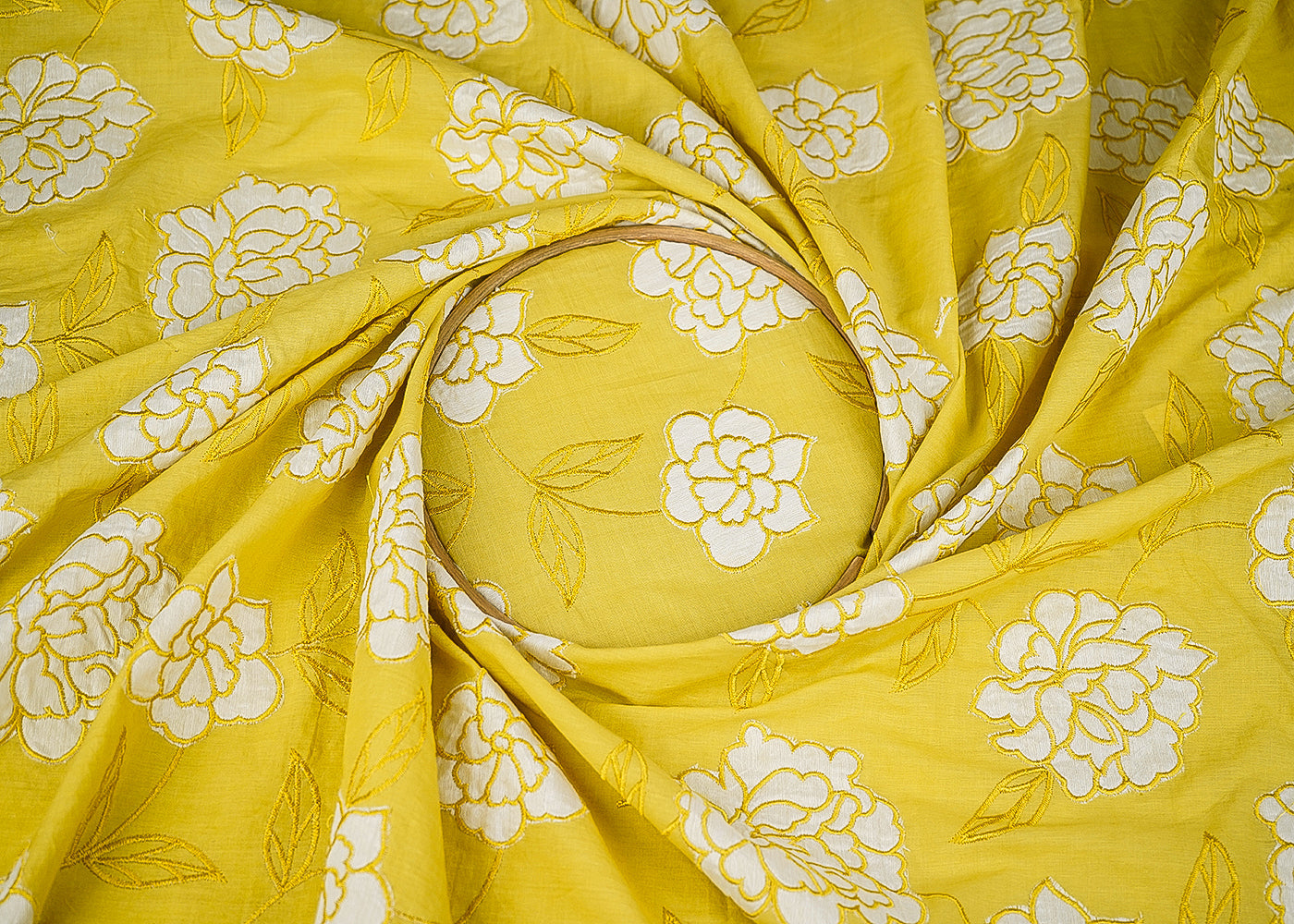 Mustard Cotton Fabric With All Over Thread And Patch Work 22864