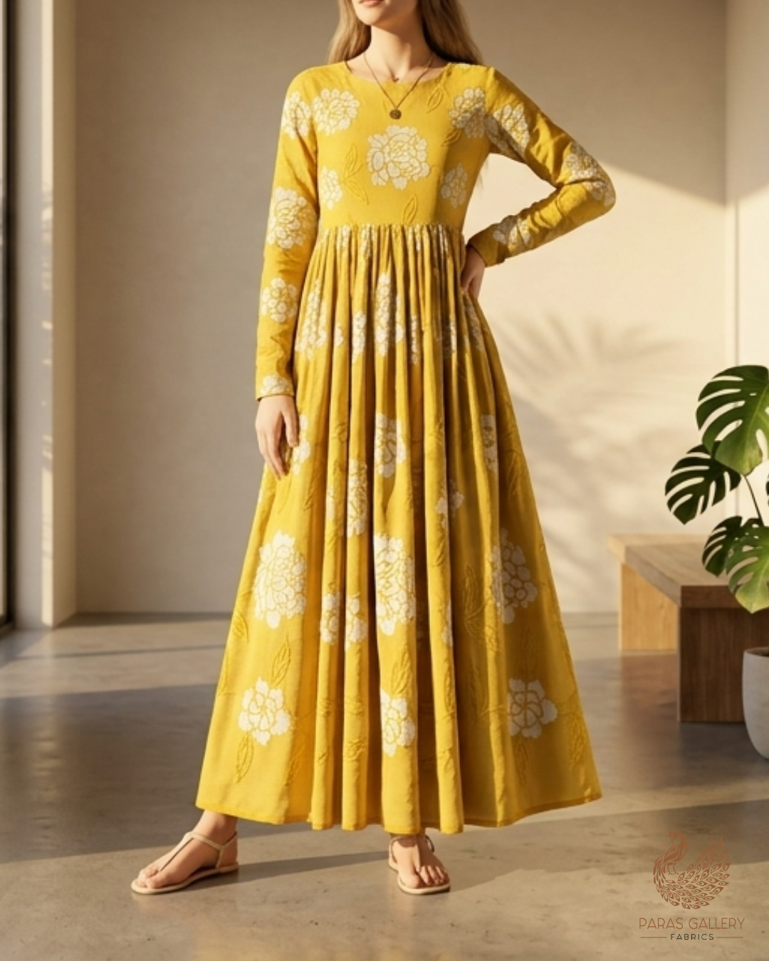 Mustard Cotton Fabric With All Over Thread And Patch Work 22864