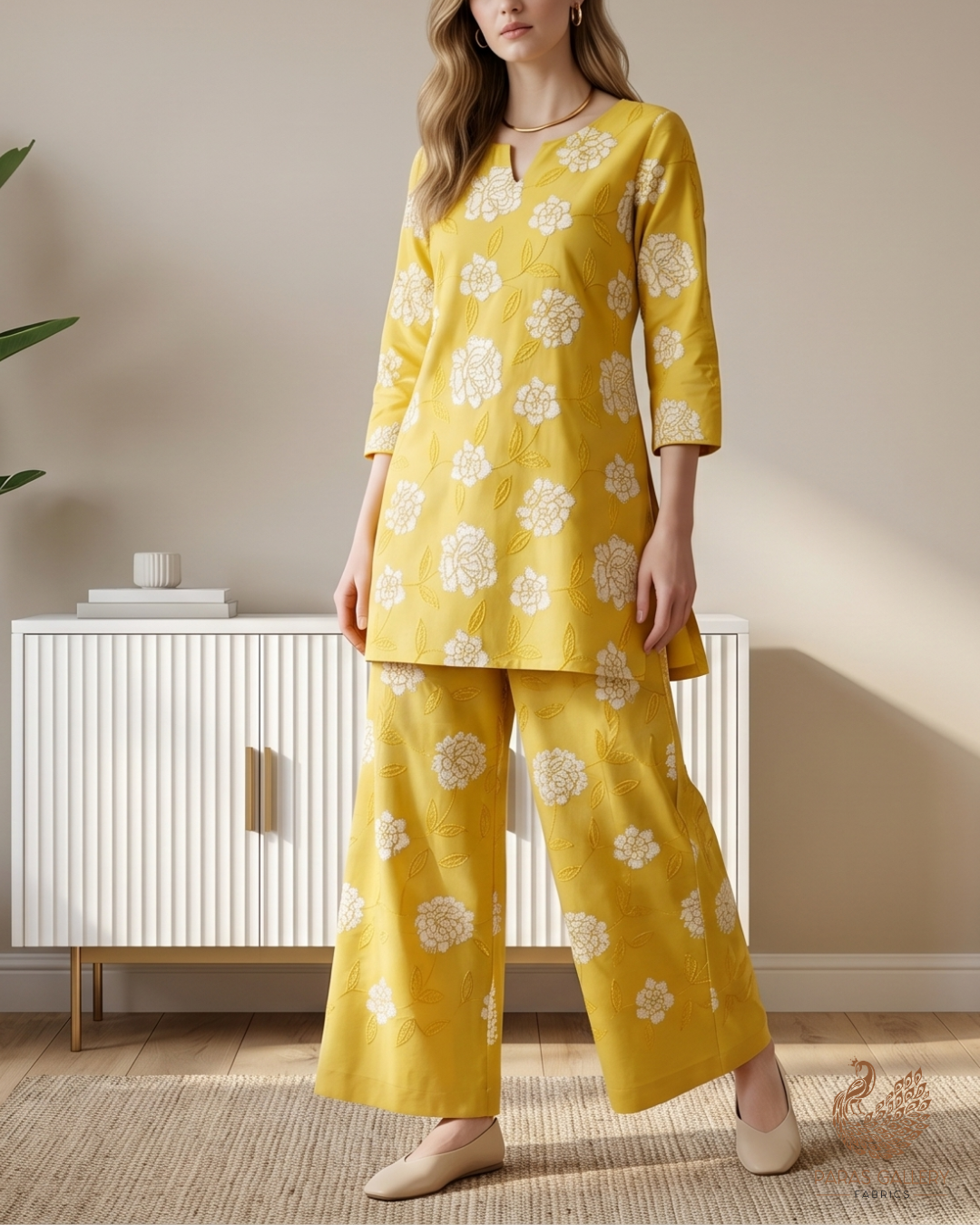 Mustard Cotton Fabric With All Over Thread And Patch Work 22864