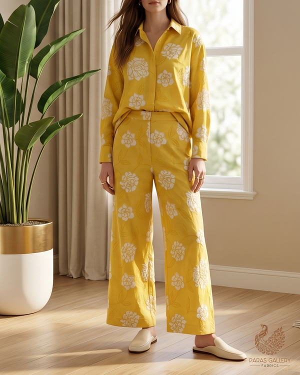 Mustard Cotton Fabric With All Over Thread And Patch Work 22864