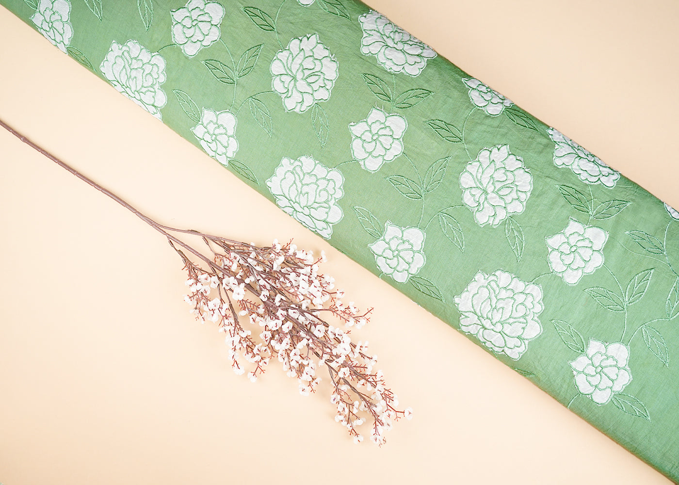 Green Cotton Fabric With All Over Thread And Patch Work 22865