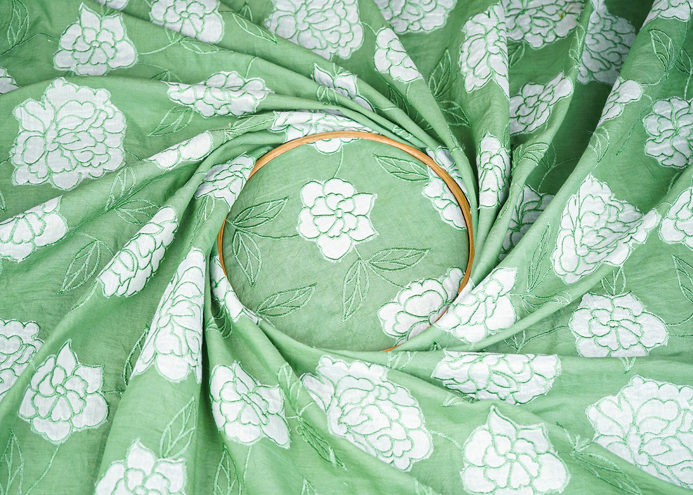 Green Cotton Fabric With All Over Thread And Patch Work 22865