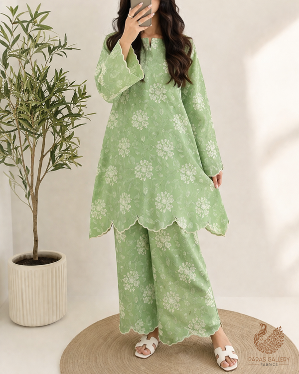 Green Cotton Fabric With All Over Thread And Patch Work 22865