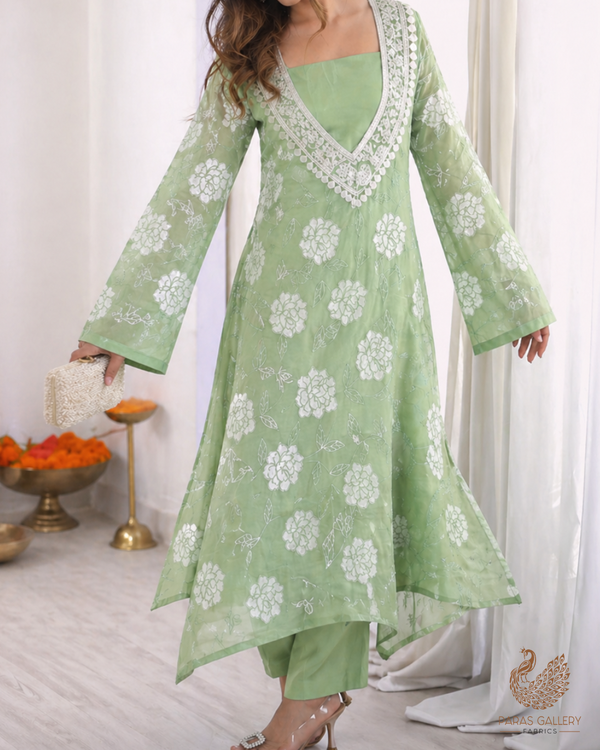 Green Cotton Fabric With All Over Thread And Patch Work 22865
