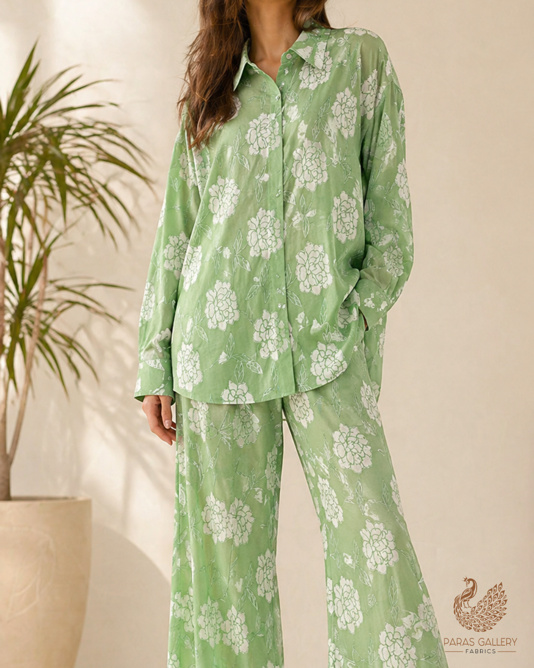 Green Cotton Fabric With All Over Thread And Patch Work 22865
