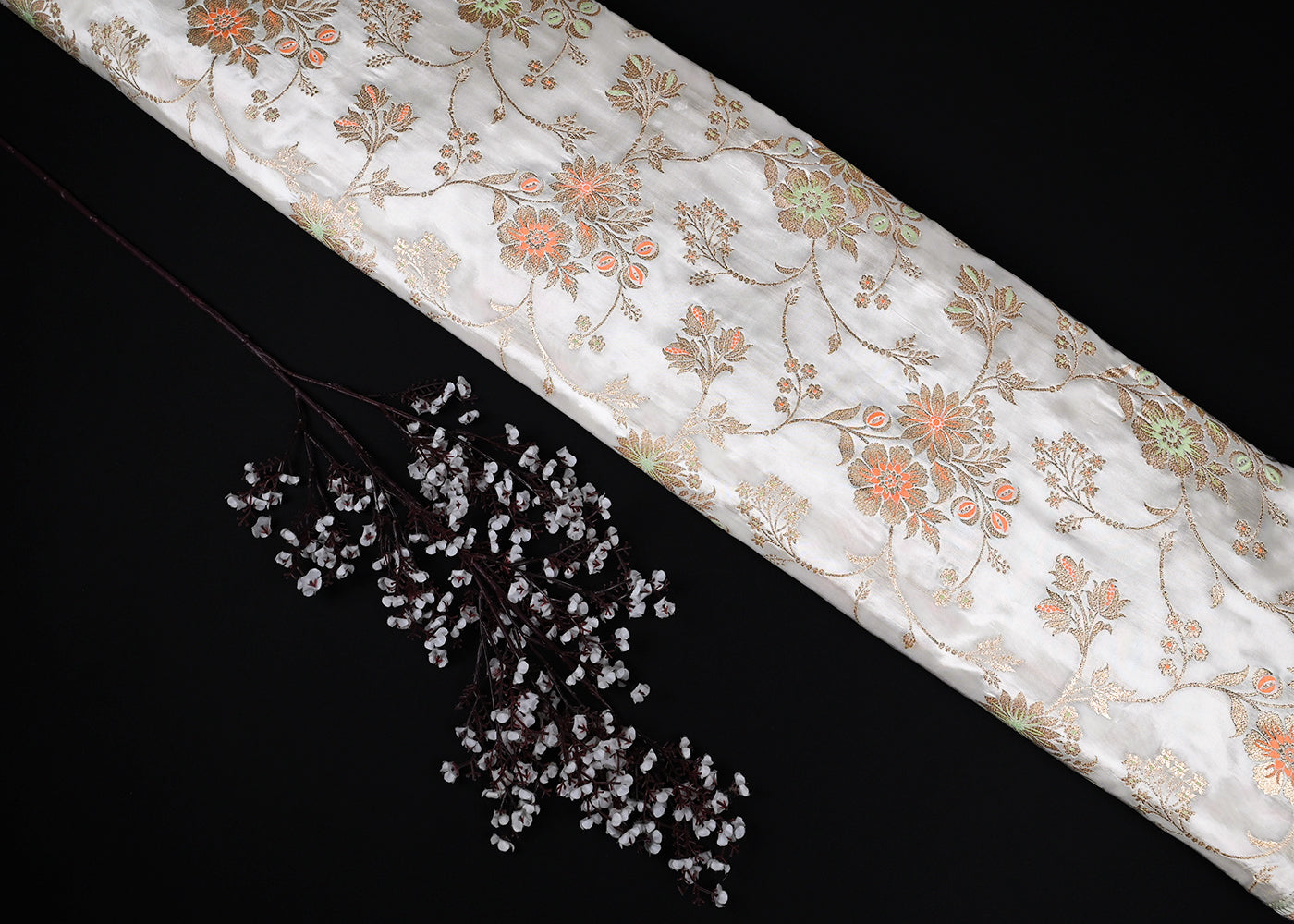 White Dyeable Silk Fabric With All Over Thread And Zari Handloom  22866