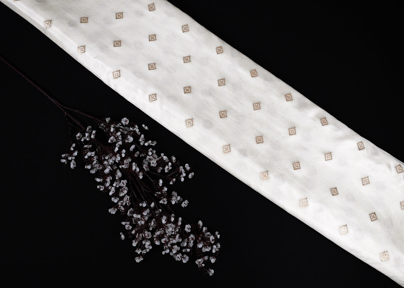 White Dyeable Silk Fabric With All Over Golden Zari Handloom 22869