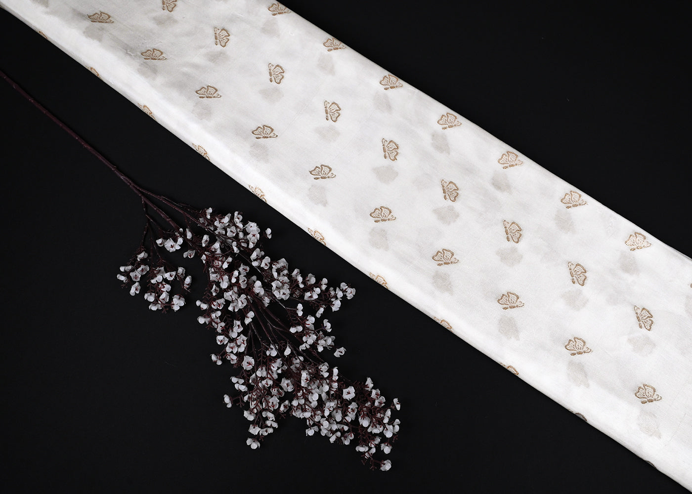 White Dyeable Silk Fabric With All Over Golden Zari Handloom 22878