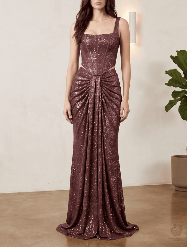 Dark Brown Georgette Fabric With All Over Sequins Work 22879
