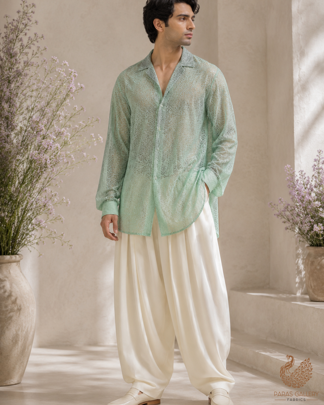 Mint Green Organza Fabric With All Over Self Work 22884