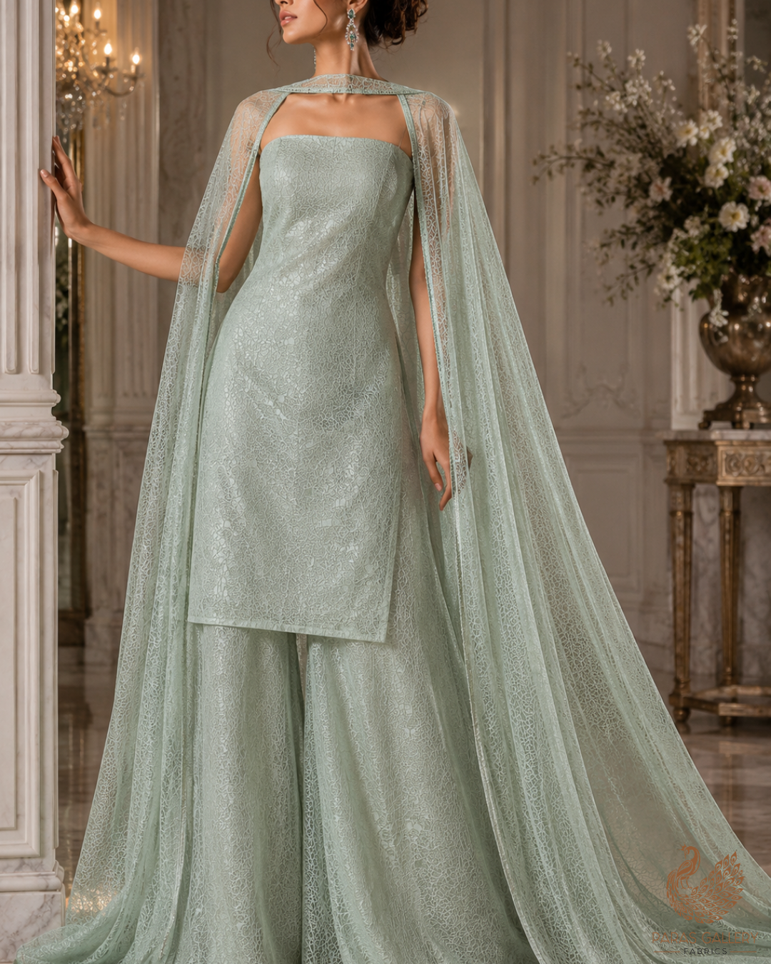 Mint Green Organza Fabric With All Over Self Work 22884