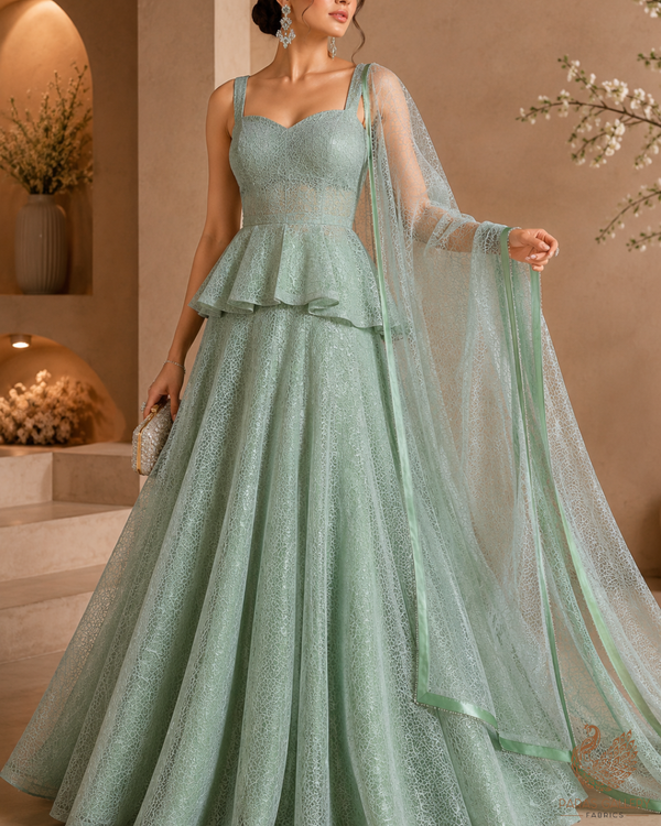 Mint Green Organza Fabric With All Over Self Work 22884