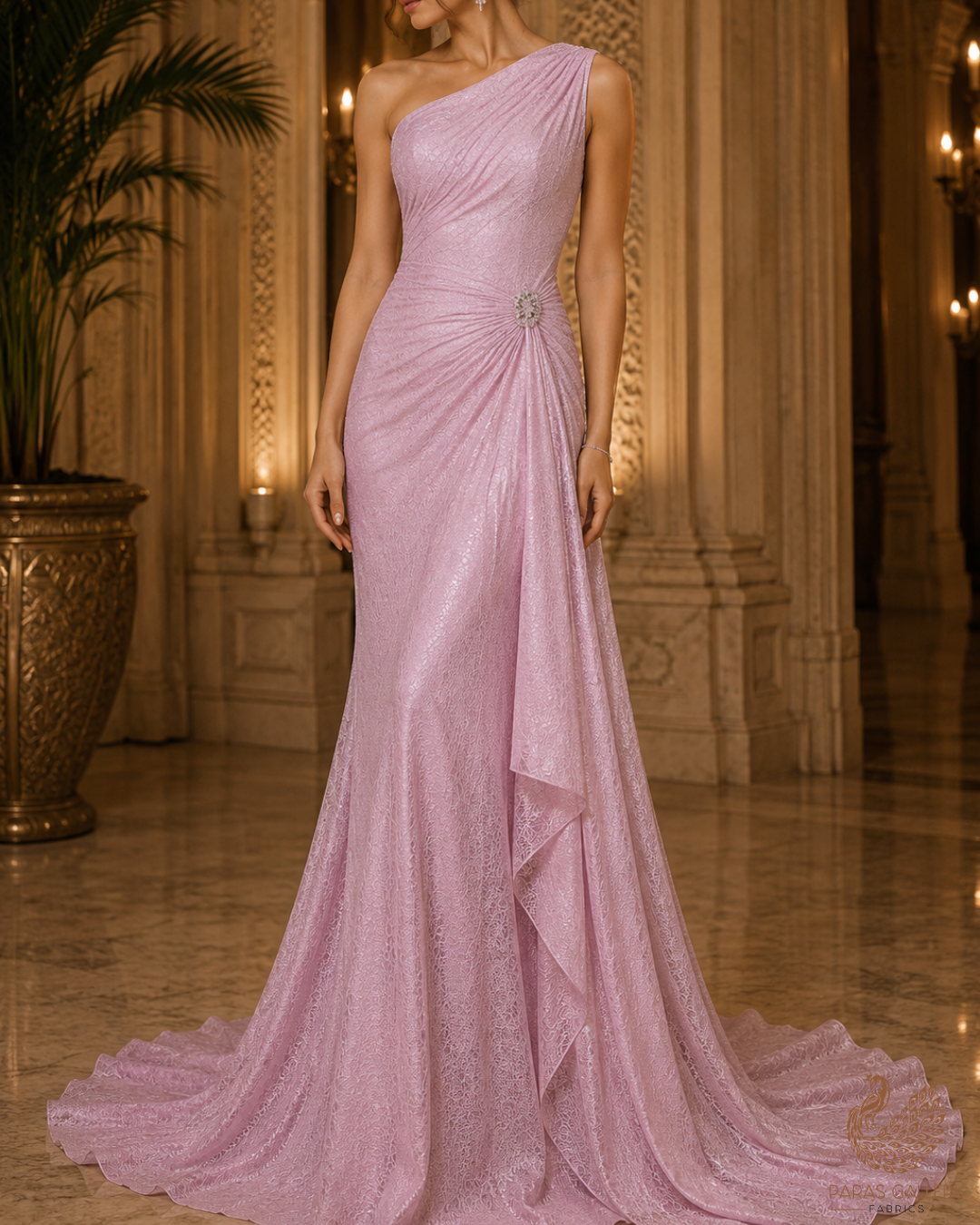Pink Organza Fabric With All Over Self Work 22885