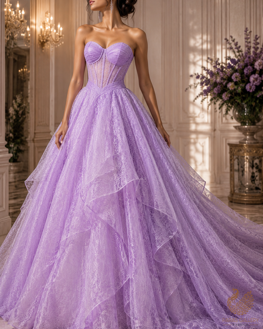 Lavender Organza Fabric With All Over Self Work 22886