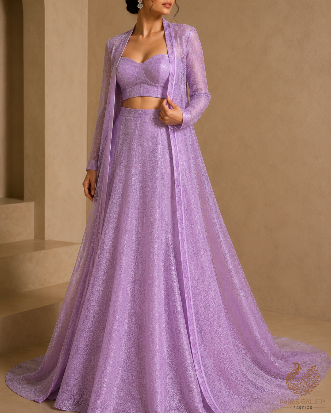 Lavender Organza Fabric With All Over Self Work 22886