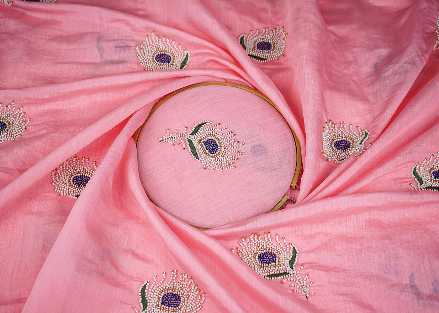 Pink Chanderi Fabric With All Over Thread And Bead Work 22887
