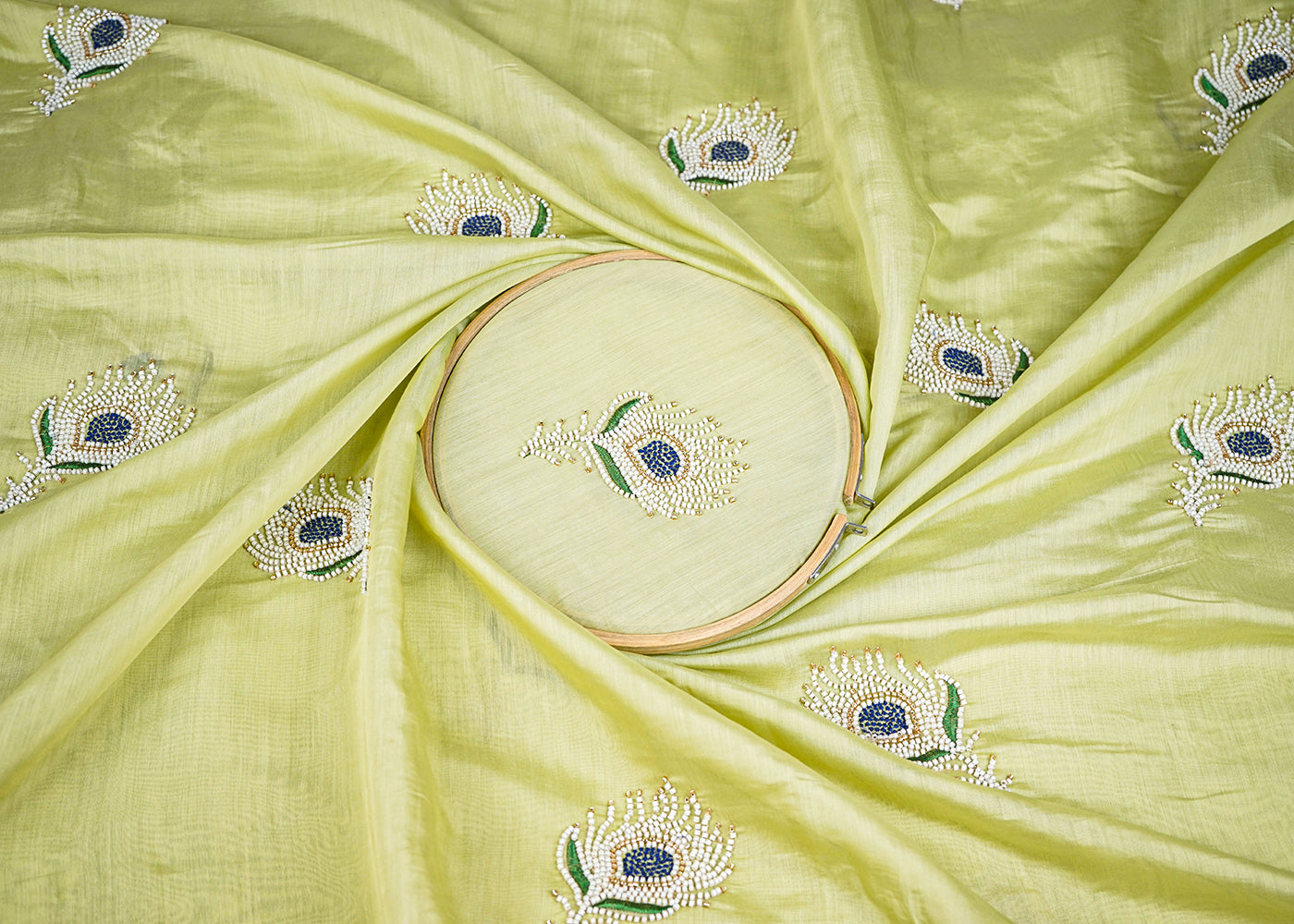Light Green Chanderi Fabric With All Over Thread And Bead Work 22888