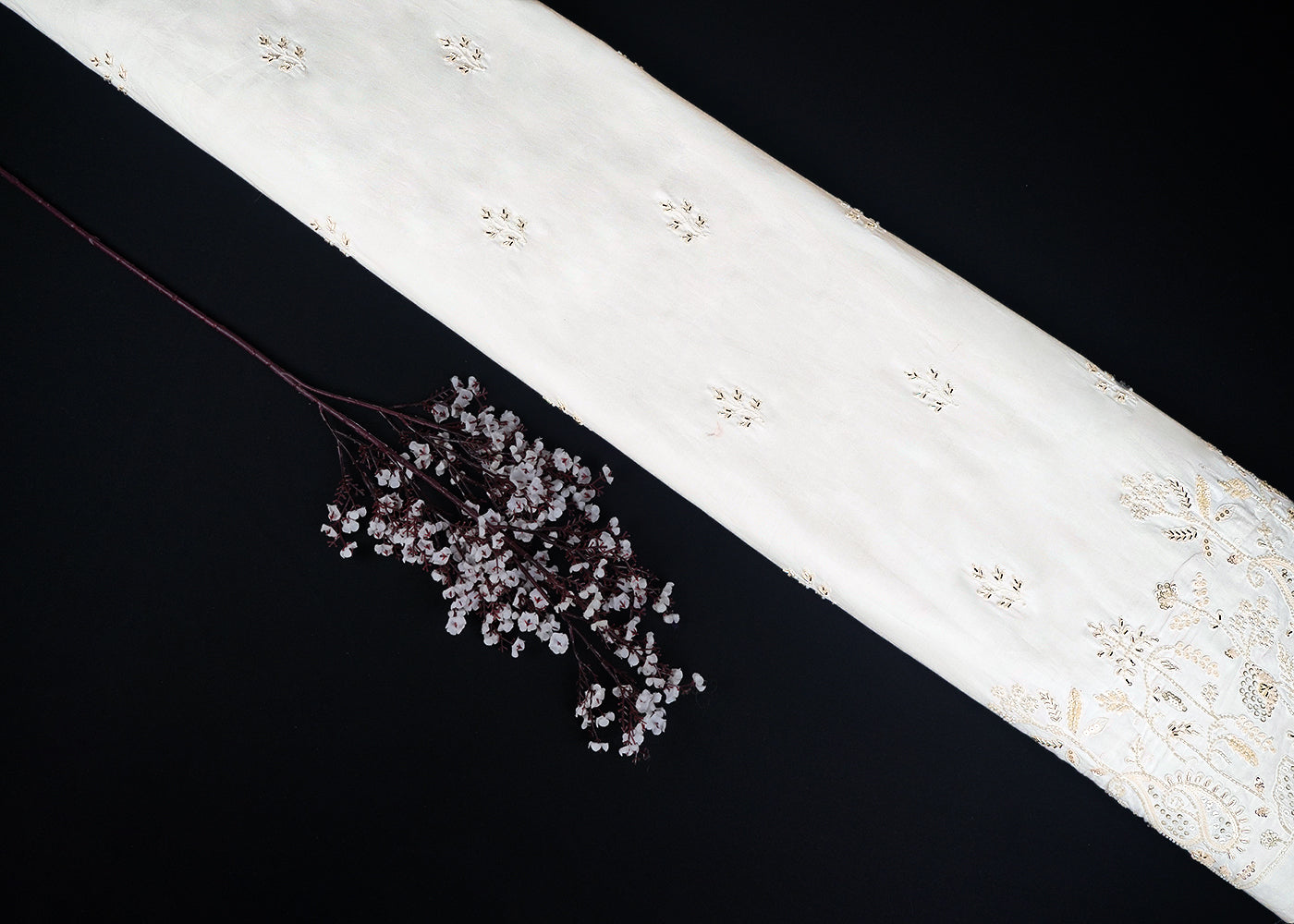 White Cotton Fabric With All Over Zari, Katdana, Bead, Sequins Work And One Side Border 22889