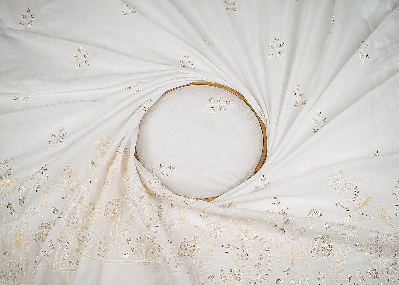White Cotton Fabric With All Over Zari, Katdana, Bead, Sequins Work And One Side Border 22889