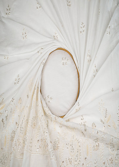White Dyeable Cotton Fabric With All Over Zari, Katdana, Bead, Sequins Work And One Side Border 22889