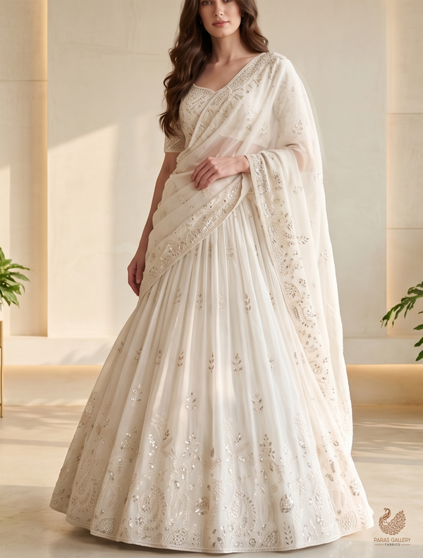 White Dyeable Cotton Fabric With All Over Zari, Katdana, Bead, Sequins Work And One Side Border 22889