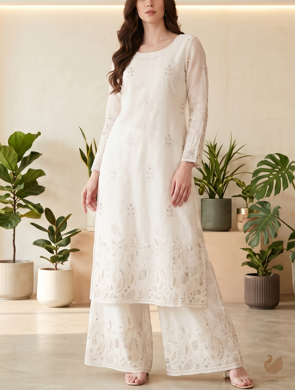 White Dyeable Cotton Fabric With All Over Zari, Katdana, Bead, Sequins Work And One Side Border 22889