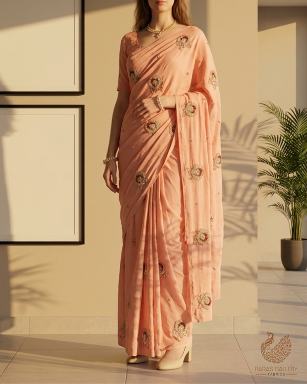 Peach Cotton Fabric With All Over Floral Buti Of Katdana Work 22890