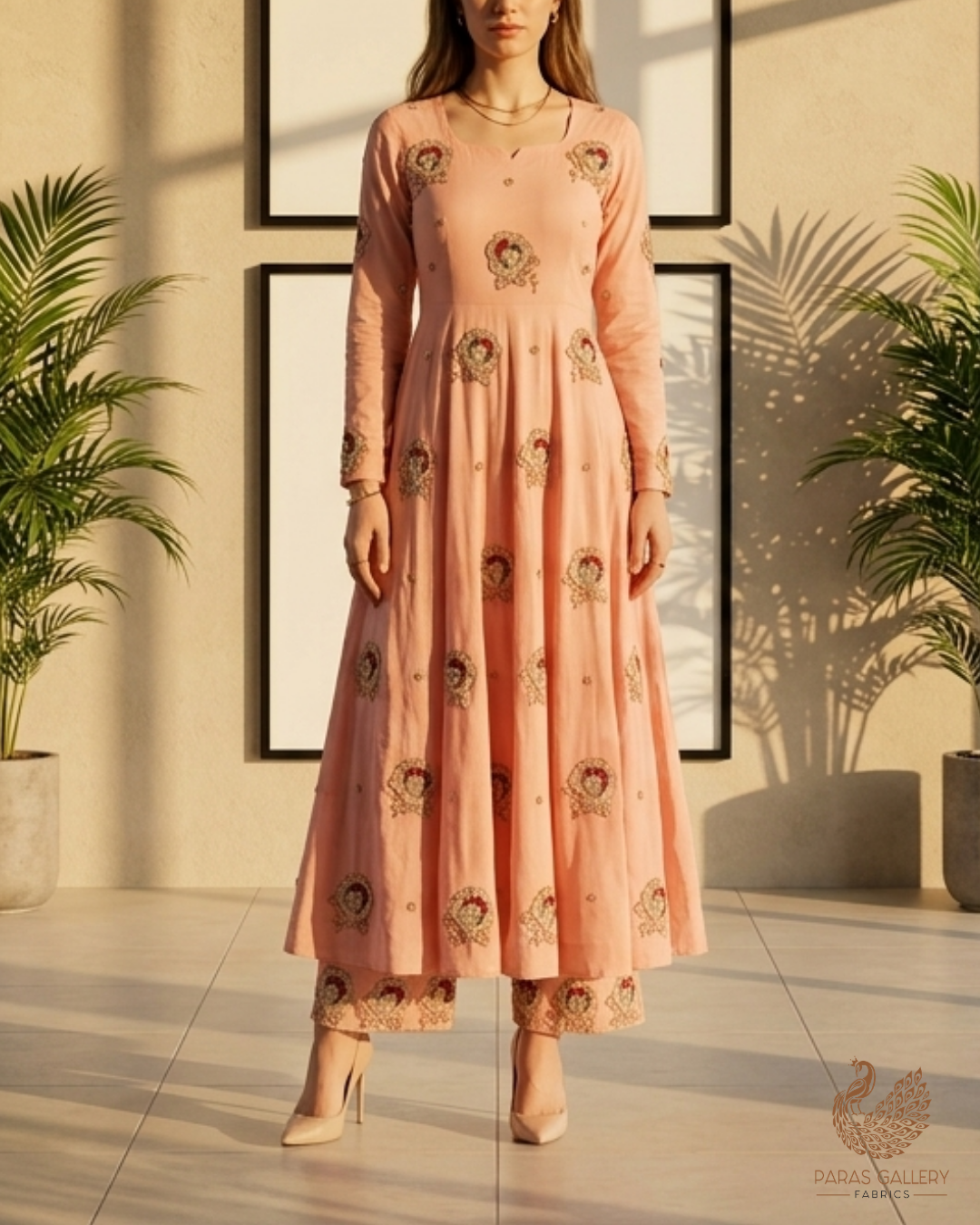 Peach Cotton Fabric With All Over Floral Buti Of Katdana Work 22890