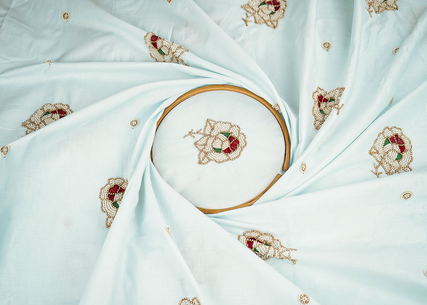 Ice Blue Cotton Fabric With All Over Floral Buti Of Katdana Work 22891