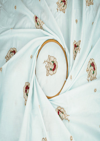 Ice Blue Cotton Fabric With All Over Floral Buti Of Katdana Work 22891