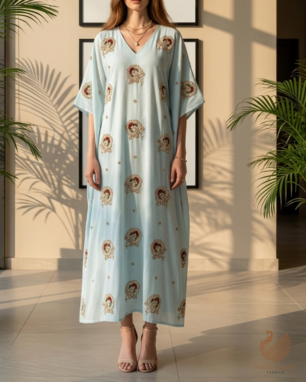 Ice Blue Cotton Fabric With All Over Floral Buti Of Katdana Work 22891