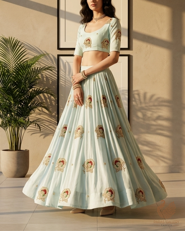 Ice Blue Cotton Fabric With All Over Floral Buti Of Katdana Work 22891
