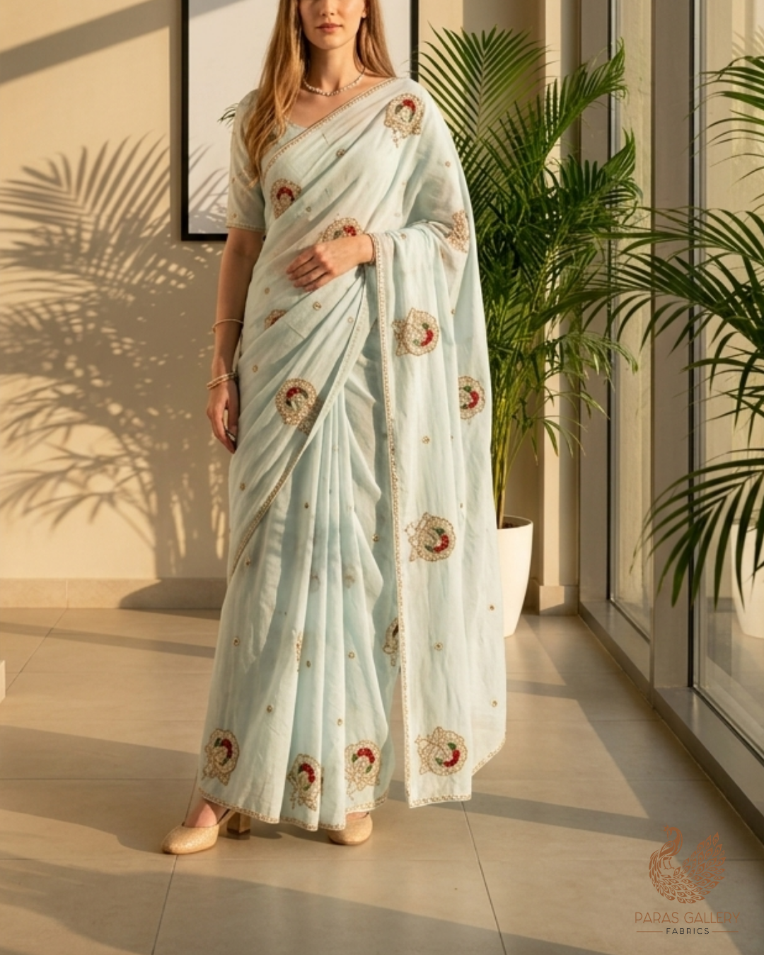 Ice Blue Cotton Fabric With All Over Floral Buti Of Katdana Work 22891