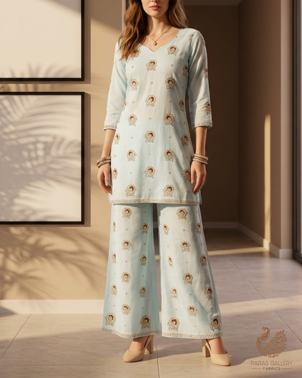 Ice Blue Cotton Fabric With All Over Floral Buti Of Katdana Work 22891